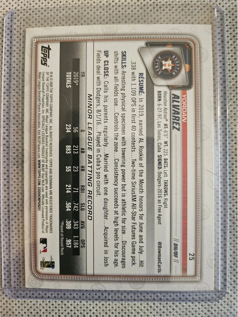 Yordan Alvarez 2020 Topps Bowman Rookie Raw MLB Baseball Card #25 Houston Astros